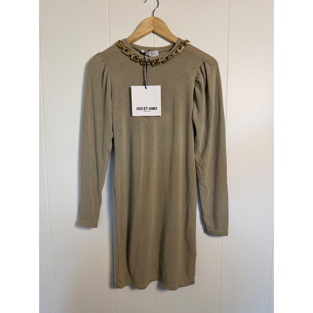 $300 YOOX Italian Odi Et Amo Mini Dress Taupe Gold Chain Puff Sleeve Iconic
